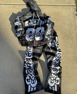 Ensemble de survêtement unisexe en coton épais, style vintage printemps, 2 pièces, sweat à capuche et pantalon de survêtement à ourlet brut délavé à l'acide, avec logo personnalisé - Product Image 3