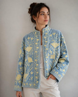 Veste bohème vintage brodée de fleurs bleues, en velours fait main, matelassée, écologique