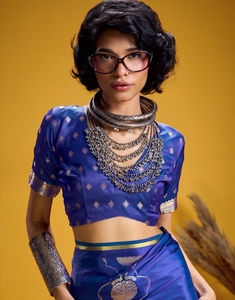 KV <b>Satin</b> Blue Woven Design Designer <b>Saree</b> With Unstitched Blouse - Product Image 3