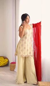 <b>Women</b> Traditional Cream Embroidered <b>Kurta</b> Set With Red Polka Dot Dupatta For Wedding India Pakistan Style - Product Image 5