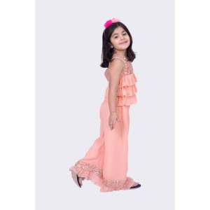Women's Embroidered Georgette Sleeveless <b>Top</b> and Palazzo Set in <b>Peach</b> - Product Image 5