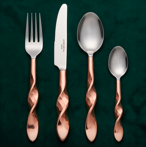 Ensemble de couverts modernes en acier inoxydable, finition or rose PVD, poignées torsadées en spirale, résistant à la rouille, pour mariage, fêtes et événements - Product Image 1