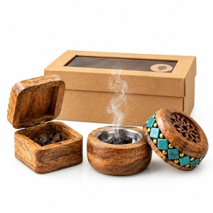 Juego de Quemadores de Incienso de Madera Hechos a Mano con Bandeja Decorativa con Incrustaciones Azules y Blancas, Soporte Aromático de Sándalo, Uso Durante Todo el Año - Product Image 3