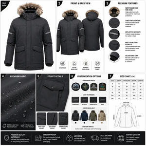 Men's Winter Waterproof Knitted Stand Parka Jacket Fur Hood Windproof Thick Quilted Long Sleeve Solid Color Casual Outwear OEM - Product Image 6
