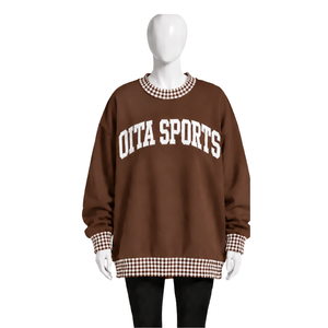 Mens <b>Brown</b> Oversized Crewneck Sweatshirt Gingham Check Trim <b>Long</b> <b>Sleeve</b> Casual Pullover Fashion Streetwear Athletic Sports <b>Top</b> - Product Image 1