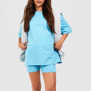Conjunto Casual de 2 Piezas para Mujer, Shorts y Camiseta de Punto Azul Claro, Cuello Redondo, Manga Corta, Corte Holgado, por Encima de la Rodilla, Color Sólido, Algodón Transpirable - Product Image 5