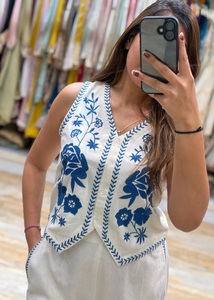 Conjunto de Dos Piezas para Mujer, Primavera/Verano, Casual, de Algodón Premium, con Bordado Floral, Sin Mangas, Corto y Flexible - Product Image 4