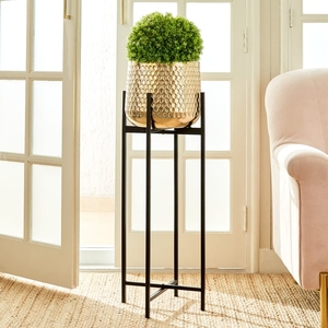 Tall <b>Honeycomb</b> Hammered Gold Metal Planter Pot with Black Iron Stand – Modern Brass Finish <b>Decorative</b> Indoor Plant Holder. - Product Image 1