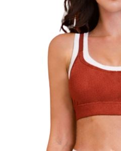 Conjunto Deportivo Personalizado para Mujer, Color Marrón Óxido y Blanco en Contraste, Bra Deportivo y Pantalones Acampanados, Cintura Alta, Elástico, para Yoga, Fitness, Gimnasio, Venta al Por Mayor OEM - Product Image 4