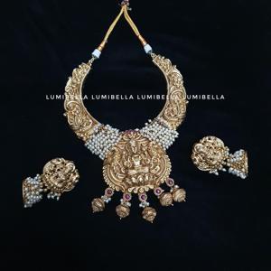 Fashion Jewelry Set Goddess Lakshmi Engraved Matte Necklace with Jhumki Earrings - Product Image 3