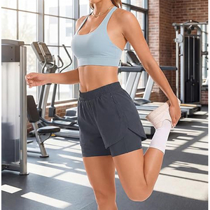 Shorts de course 2 en 1 gris foncé taille haute pour femme, shorts de sport fluides en polyester à séchage rapide avec poche zippée - Product Image 5
