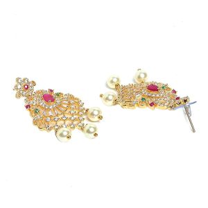 Gold Plated Zinc Alloy Ruby Imitation Pearl Flower Design Necklace Earring Set Ethnic Women's Wedding Jewelry Partywear - Product Image 3