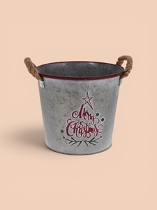 Vintage Metal Christmas Bucket With Rope Handles Merry Christmas <b>Tree</b> Design Decorative <b>Planter</b> - Product Image 3