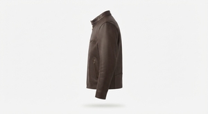 Veste en cuir véritable marron respirante pour homme, style motard, zippée, col montant, coupe ajustée, en cuir de vachette, pour l'automne - Product Image 2