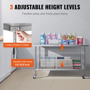 Tavolo da Lavoro in Acciaio Inox Resistente 30 X 60 X 38 Pollici con 4 Ruote e 3 Livelli di Altezza Regolabili, Lavello per Preparazione Alimenti - Product Image 5