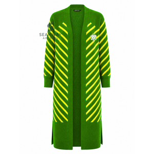 Chi Eta Phi Women's Longline Open Front <b>Cardigan</b> Green Yellow Striped Ribbed Cuffs Embroidered Duster <b>Sweater</b> With Side Slits - Product Image 1