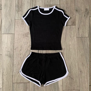 Womens Short Sleeve Contrast Trim T Shirt And Elastic Waist Shorts Two Piece <b>Twin</b> <b>Set</b> - Product Image 3