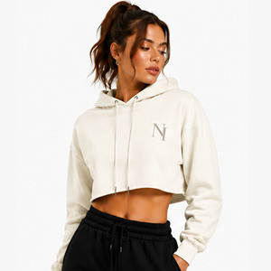 Hoodie court personnalisé pour femme, couleur unie, manches longues, sweat à capuche brodé, décontracté, respirant, pour l'automne - Product Image 1