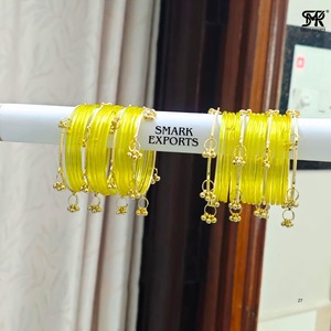 Golden Yellow 32-Piece 2mm Gold Plated Kashmiri Jelly <b>Bangles</b> Set Ghungru Both Hands Traditional <b>Indian</b> Chudi Women's Certified - Product Image 4