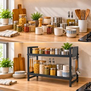 Double Tier Metal Storage <b>Rack</b> For Kitchen Spice Jars And Utensils Minimalist Standing Design Durable <b>Baking</b> Paint Finish - Product Image 5