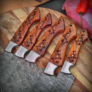 ชุดมีดเชฟดามัสกัสคุณภาพสูง 5 ชิ้น ด้ามไม้ พร้อมซองหนัง ชุดมีดเชฟขายส่ง - Product Image 5