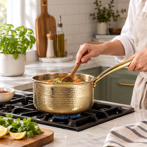 Casserole en laiton martelé artisanal avec couvercle, poignée longue, pot à sauce, ustensile de cuisine traditionnel indien - Product Image 2