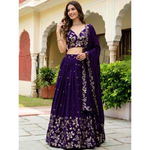 Purple <b>Sequins</b> Georgette Wedding Lehenga Choli - Product Image 4