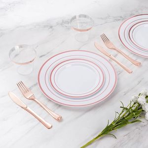 Set di Piatti in Plastica Usa e Getta Oro Rosa, 600 Pezzi per 100 Ospiti, con 100 Piatti Piani per Feste e Matrimoni - Product Image 2