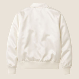 Chaqueta Universitaria Blanca de Satén - Chaqueta Bomber Personalizada con Letras Bordadas - Cuello Plegable, Cierre de Cremallera - Product Image 2