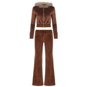 Ensemble de survêtement streetwear en velours pour femme, col à capuche, pantalon en tricot contrasté, ensemble de mode éco-responsable - Product Image 3