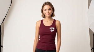 <b>Women's</b> Maroon Scoop Neck <b>Tank</b> <b>Top</b> With <b>White</b> Logo Front Heat Transfer Printed Casual Knitted Breathable 100% Cotton - Product Image 1