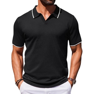 Chemise décontractée pour homme à manches courtes, en viscose/polyester tricoté, respirante, avec fermeture éclair, de haute qualité, personnalisable, noir/beige, coupe classique - Product Image 3