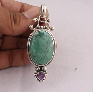 Pendentif en turquoise tibétaine naturelle serti de pierres, en argent sterling 925, vente en gros, pierre précieuse turquoise authentique, fait main - Product Image 2