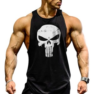 Men's Black Sleeveless Tank <b>Top</b> With White <b>Skull</b> Print O-Neck Casual Style Cotton Knitted Front Logo Design - Product Image 3