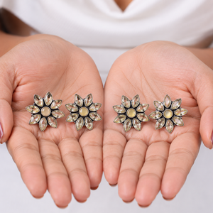 Vintage Jade Flower <b>Stud</b> <b>Earrings</b> Women | <b>Silver</b> Plated Brass Floral Statement <b>Earrings</b> | Marquise Petal Boho Jewelry Direct - Product Image 4