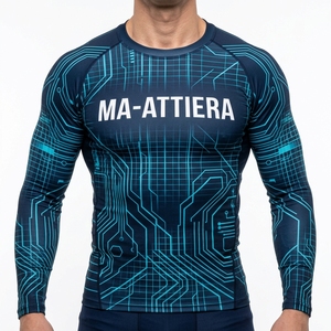 Men Long Sleeve Compression Shirt Navy <b>Blue</b> Cyber Circuit Print Gym Fitness Running Sportswear Performance <b>Base</b> <b>Layer</b> - Product Image 1