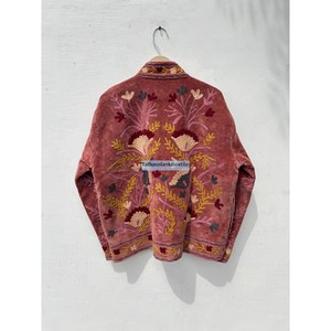 Blouson en velours brodé pour femme, col mandarin, manches longues, broderie florale à la main, manteau d'automne - Product Image 6