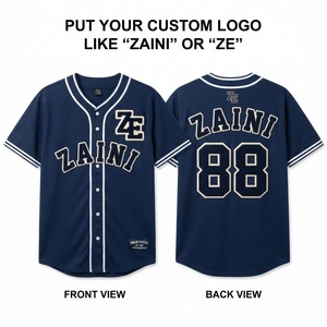 Premium 180 GSM Polyester Baseball Jersey Navy Blue <b>White</b> Striped Trim <b>Button</b> Front Tackle Twill Custom Logo Short Unisex Quick - Product Image 1