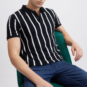 Polo pour homme 100 % coton à manches courtes, coupe ajustée, rayures verticales noires et blanches, broderie technique, tissu tricoté respirant - Product Image 5