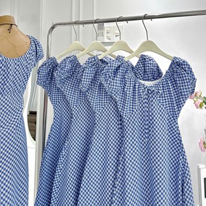 Vestido Largo de Verano para Mujer, Estilo Casual y Elegante, con Mangas Abullonadas, Diseño a Cuadros Azules, Corte Entallado - Product Image 3