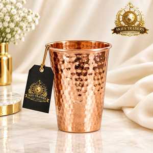 Gobelet en cuivre martelé à fossettes, verre à eau en cuivre pur, tasse à boire faite à la main avec bord perlé, vente en gros de articles métalliques indiens - Product Image 1