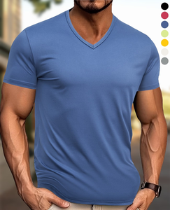 Men's V-Neck Short Sleeve Solid Color Cotton T-Shirt Regular Fit Casual Knitted Breathable 180g <b>Back</b> Logo Made Bangladesh - Product Image 1