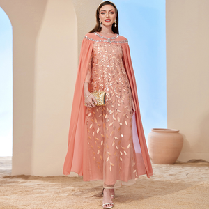 AN13050 Women Modest <b>Loose</b> Fit Polyester Mesh Embroidered Middle Eastern Ethnic Muslim Abaya Daily Evening <b>Dress</b> - Product Image 1