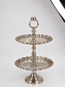 Premium Silver Metal 2 <b>Tier</b> <b>Cake</b> <b>Stand</b> with Ring Handle Pedestal Base Scalloped Pastry Cupcake Display Serving Plate - Product Image 5