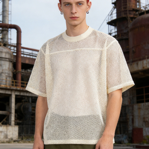 T-shirt en maille tricotée surdimensionné pour homme, manches courtes, col rond, respirant, couleur unie, 100% coton, blanc - Product Image 3
