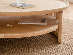Modern Light Luxury Solid <b>Wood</b> <b>Round</b> <b>Coffee</b> <b>Table</b> With Natural Rattan Side Panels For Hotel Living Room Apartment - Product Image 3