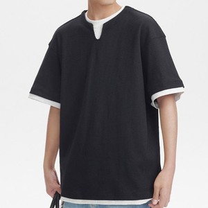เสื้อยืดผู้ชายแบบ 2-in-1 แบบมีชั้นในตัว |   เสื้อยืดโอเวอร์ไซส์ผ้าถักวาฟเฟิลสีดำ |   เสื้อผ้าแนวสตรีทสไตล์เมือง แขนสั้น ระบายอากาศได้ดี - Product Image 3