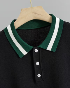 Men's Short Sleeve Solid Color Knitted Polo Shirt Regular Fit Casual Button Design Green White Trim Collar - Product Image 3