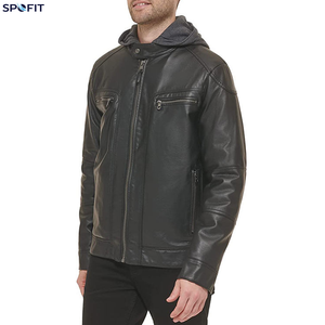Veste en cuir noir pour homme SPOFIT avec capuche amovible, veste moto en cuir véritable, capuche en polaire amovible - Product Image 5