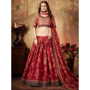 Ensemble Lehenga Choli en organza imprimé marron majestueux pour femmes grandes tailles - Product Image 2